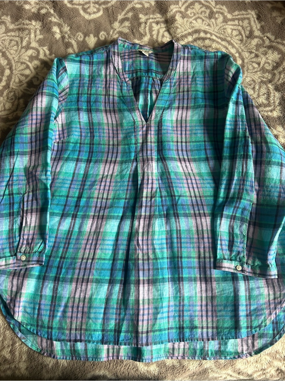 L.L. Bean Plaid Button-Down Shirt in Teal and Lavender